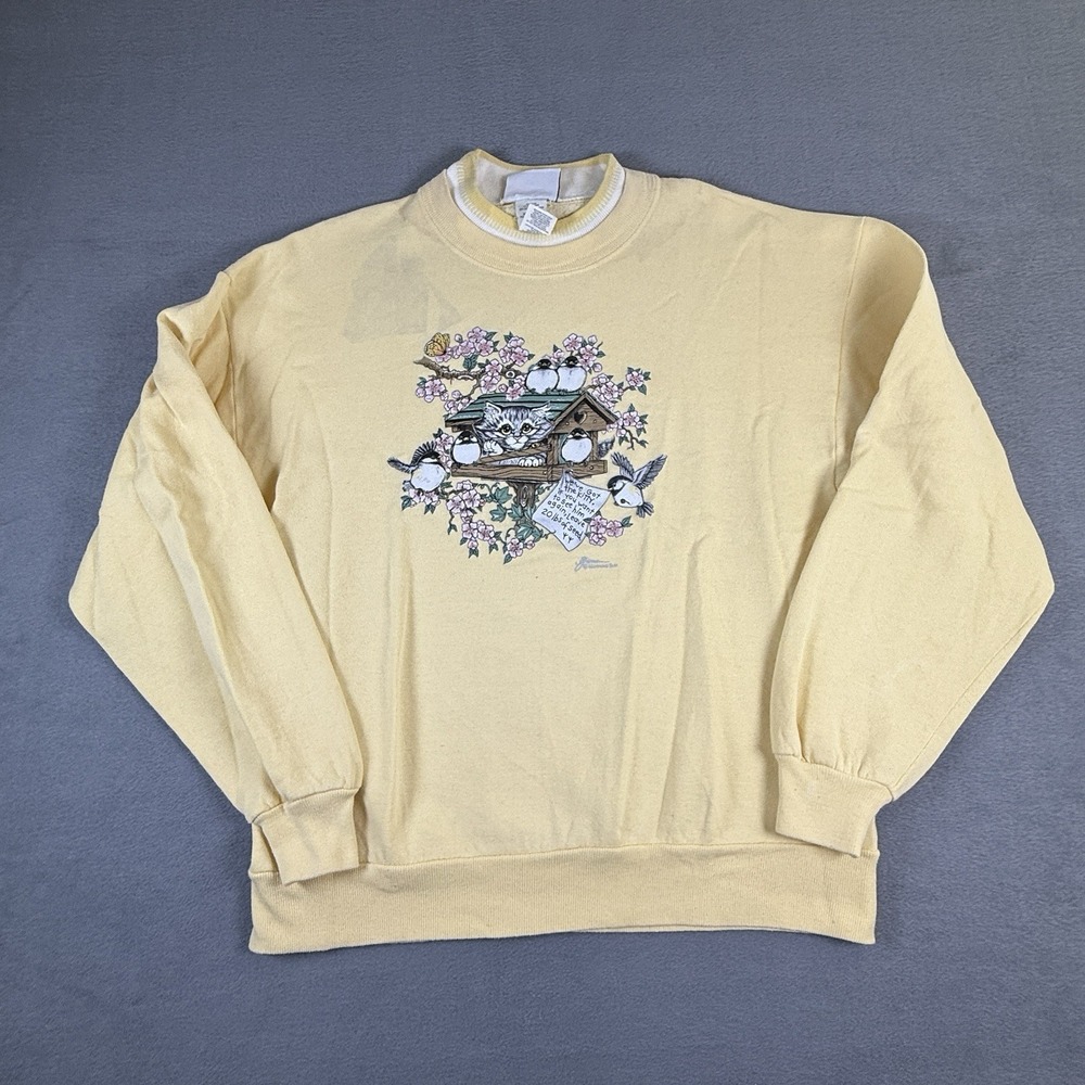 Vintage Morning Sun Sweatshirt Yellow Size Large Birds Cat Grandmacore